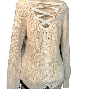 American Rag ivory crochet lace up back sweater S